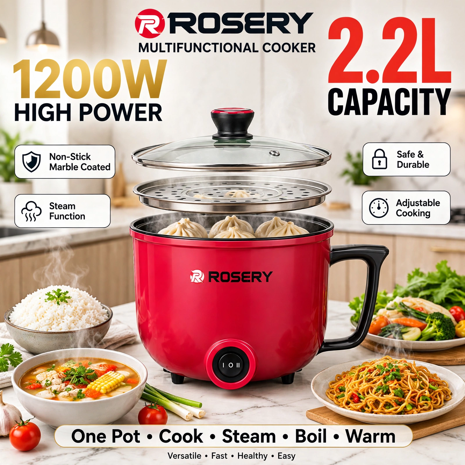 ROSERY 2.2L Multi-Functional Electric Cooker with Steamer (1200W) - Image 4