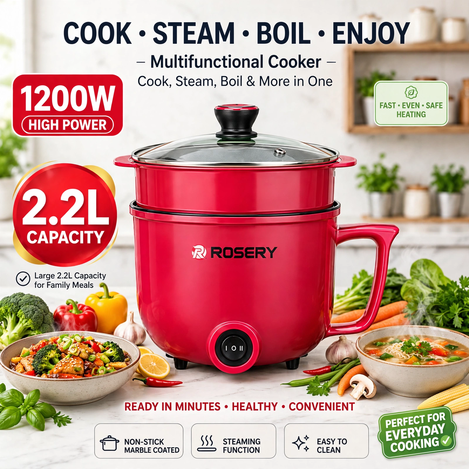 ROSERY 2.2L Multi-Functional Electric Cooker with Steamer (1200W) - Image 3