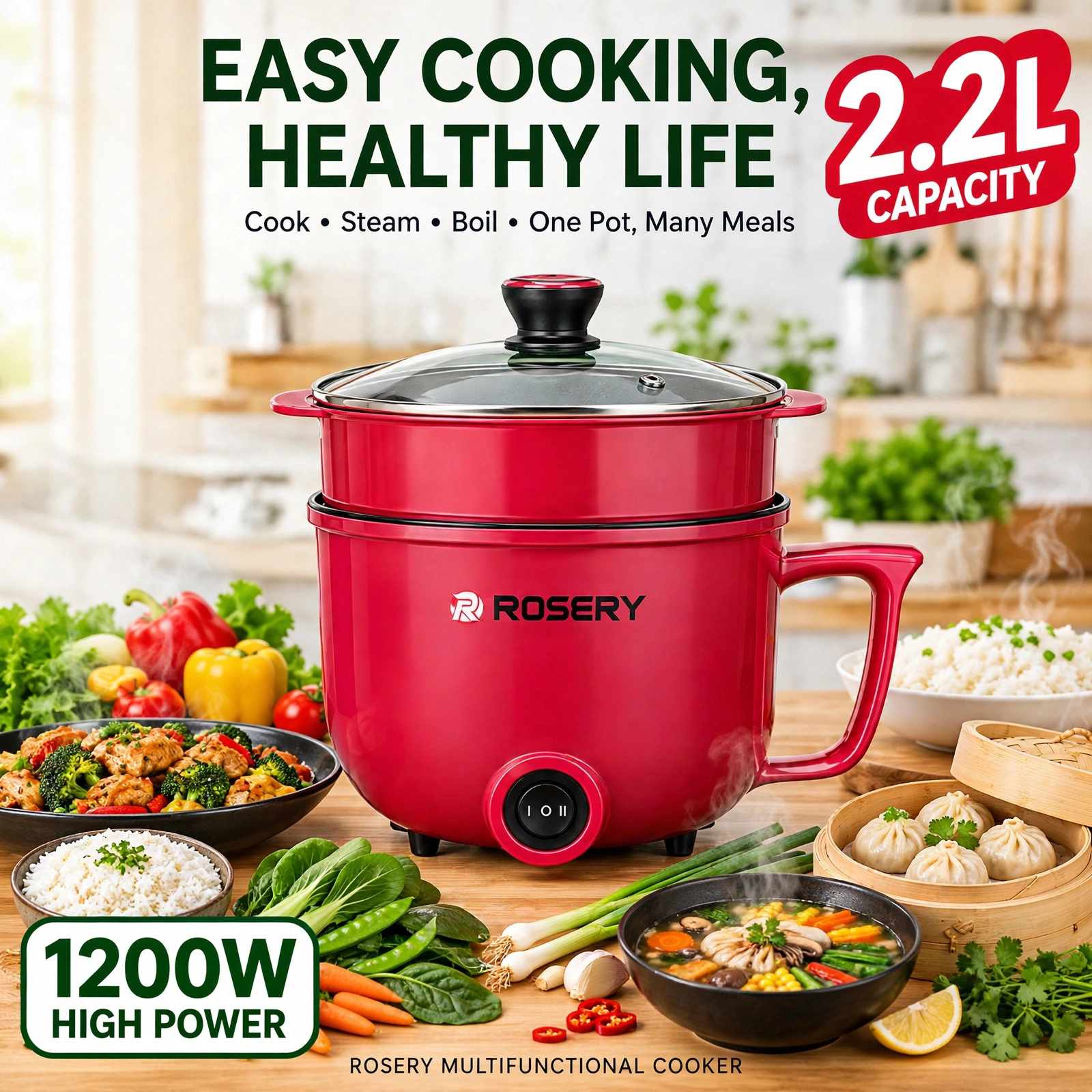 ROSERY 2.2L Multi-Functional Electric Cooker with Steamer (1200W) - Image 2